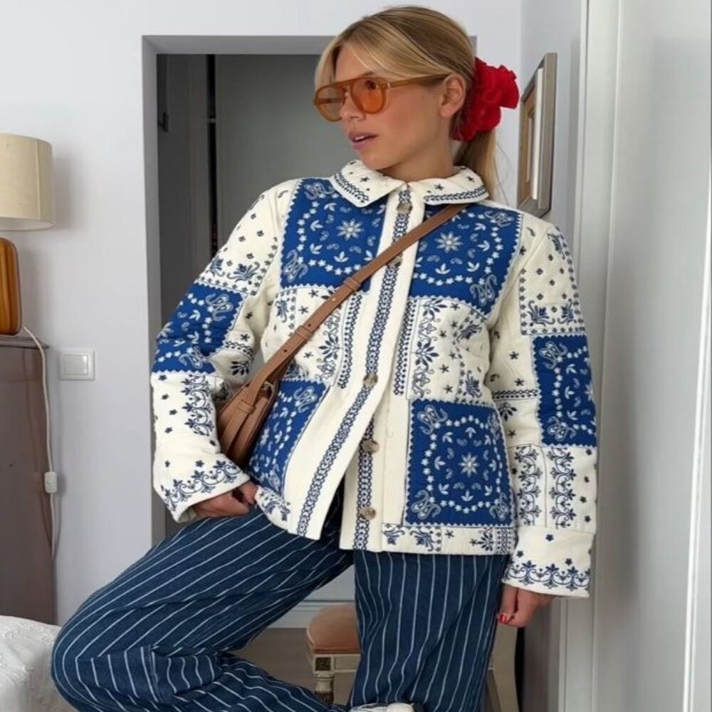 Caroline Constas Quilted Patchwork Print Linen Bl… - image 7